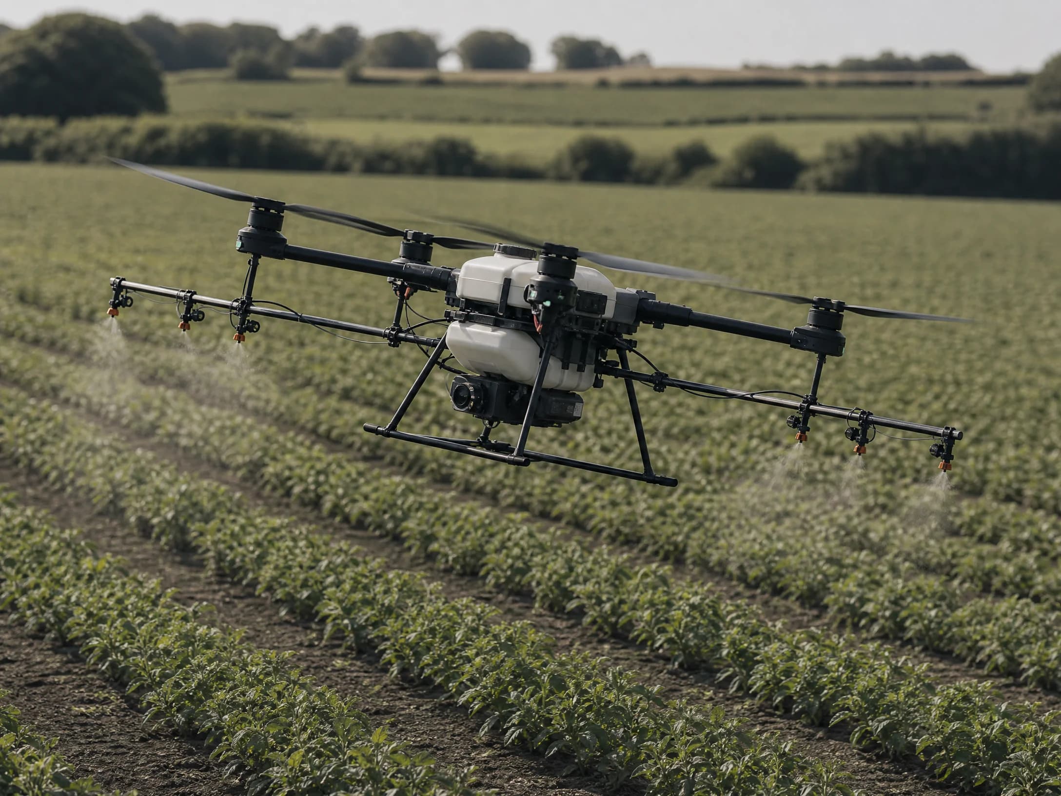 Tarım drone'unun gündüz ışığında, mekanik detayları görünür şekilde uçuşu