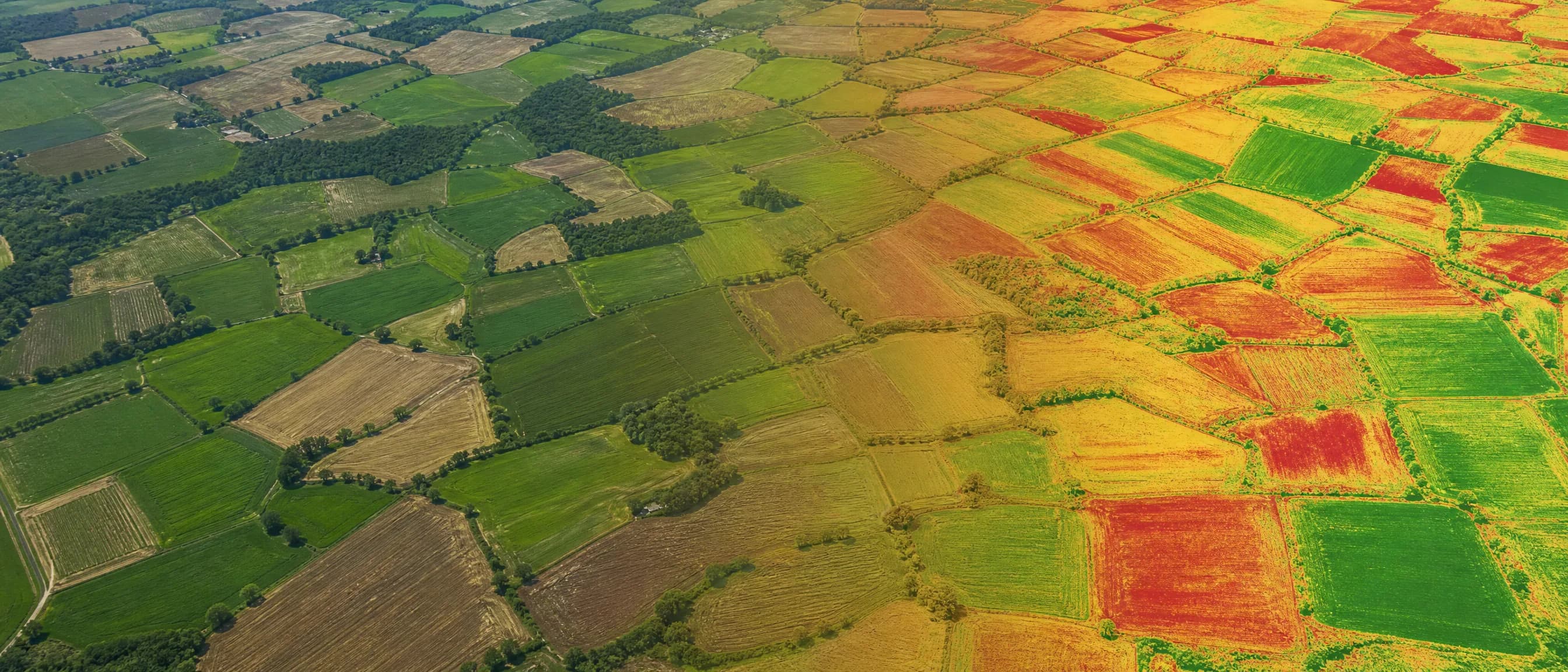 Aynı tarlanın sol yarısı gerçek fotoğraf, sağ yarısı NDVI veri görünümüne dönüşüyor